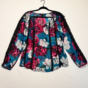 White House Black Market Blouse Floral Sheer Chiffon Lace Long Sleeve Overlay S